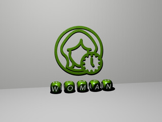 3D illustration of WOMAN graphics and text made by metallic dice letters for the related meanings of the concept and presentations. beautiful and young
