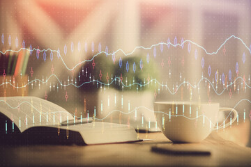 Multi exposure of forex graph drawing and desktop with coffee and items on table background....