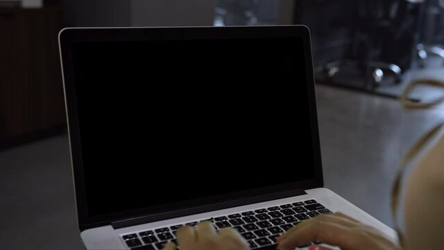 Laptop template with white transparent screen, computer blank display isolated. Metal device. Fingers press keys of the keyboard. Alpha channel