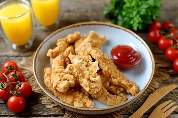 Homemade chicken strips with tomato sauce.