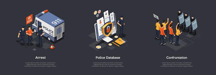 Protection Of Population. Police Officers Apprehending Criminal. Man Is Under Arrest. Policeman Use Database To Check Information Confrontation Protest Action. Cartoon Flat Style. Vector Illustration