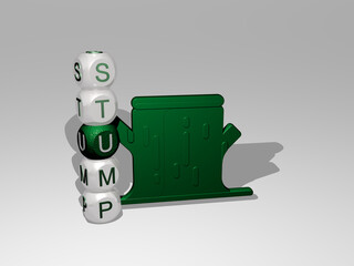 3D illustration of STUMP graphics and text around the icon made by metallic dice letters for the related meanings of the concept and presentations. tree and background