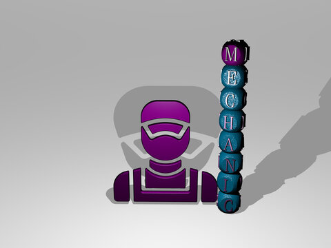 3D representation of MECHANIC with icon on the wall and text arranged by metallic cubic letters on a mirror floor for concept meaning and slideshow presentation. car and auto