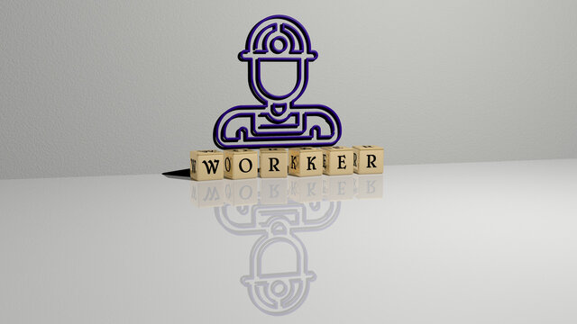3D graphical image of worker vertically along with text built by metallic cubic letters from the top perspective, excellent for the concept presentation and slideshows. business and illustration