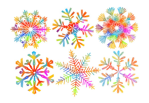 Set of rainbow snowflakes. A multi-colored abstraction of a snowflake. Merry Christmas. Mixed media. Vector illustration