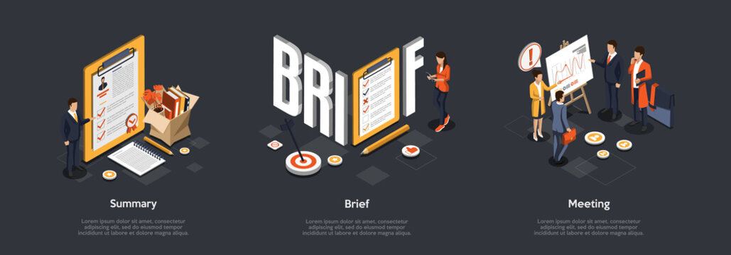 Concept Of Business Organization. Collection Of Scenes In Office With Metaphor Items. Big Summary Template, Brief And Business Meeting And Presentation With People. Isometric 3D Vector Illustration