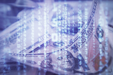 Double exposure of data theme drawing over us dollars bill background. Technology concept.