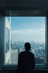 Women looking through window to Tokyo's skyline, Japan