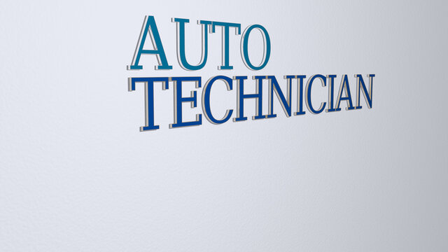 3D representation of auto technician with icon on the wall and text arranged by metallic cubic letters on a mirror floor for concept meaning and slideshow presentation. car and automobile