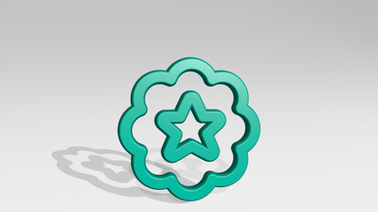 rating star bubble stand with shadow. 3D illustration of metallic sculpture over a white background with mild texture. concept and icon