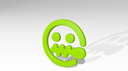 SMILEY ZIPPED ALTERNATE stand with shadow. 3D illustration of metallic sculpture over a white background with mild texture. face and icon