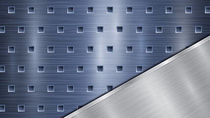 Background of blue perforated metallic surface with holes and angled silver polished plate with a metal texture, glares and shiny edges