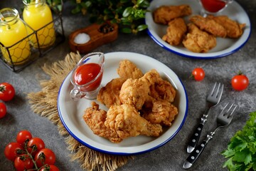 Delicious homemade deep fried breaded chicken wings with tomato sauce on a gray background.