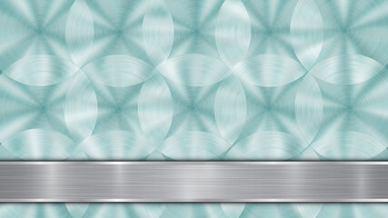 Background consisting of a light blue shiny metallic surface and one horizontal polished silver plate located below, with a metal texture, glares and burnished edges