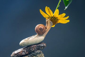 Helix pomatia. snail on a stone pyramid is drawn to the scent of a yellow flower. mollusc and...