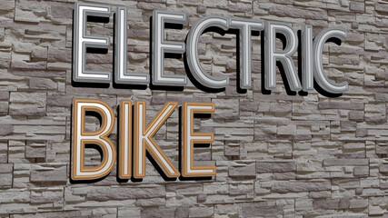 3D representation of electric bike with icon on the wall and text arranged by metallic cubic letters on a mirror floor for concept meaning and slideshow presentation. illustration and background