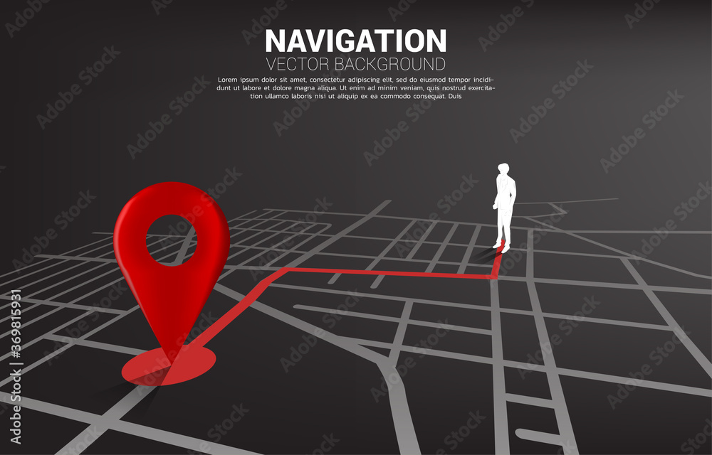 Poster route between 3d location pin markers and businessman on city road map. concept for gps navigation s