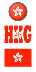Hong Kong flag icons on a white background. Vector image: button, Hong Kong flag and abbreviation. You can use it to create a website, print brochures, booklets, flyers, and travel guides.