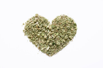 Cannabis heart with white background.
