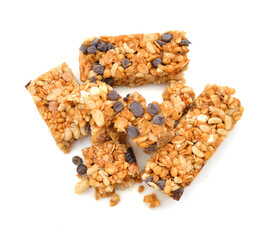 Stack chocolate chip with peanuts protein bars isolated on a white background.