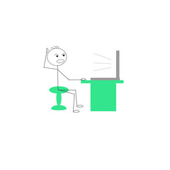 Sketch stick a man sitting on a chair looking at information in a laptop. Emotions.
