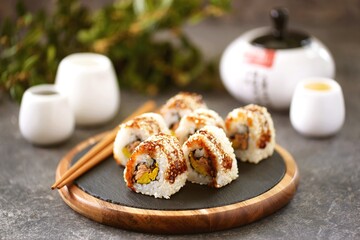Rolls with tuna and omelet. Healthy japanese food.