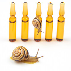 Helix pomatia. snail and medical ampoules for injections. mollusc and invertebrate. delicacy meat and gourmet food.