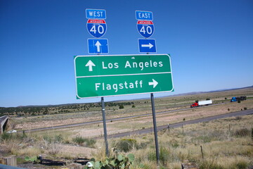 IP 40 road sign, blue and green, with los angeles and flagstaff destinations, in Arizona, America,...