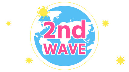 The defense concept of the second and third wave outbreak, 2nd wave lettering on world map and coronavirus around, vector illustration for graphic design, website or banner, relaxing color
