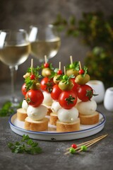 Canapes of mozzarella, green olives, cherry tomatoes, parsley on croutons of white bread.