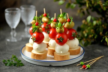 Canapes of mozzarella, green olives, cherry tomatoes, parsley on croutons of white bread.