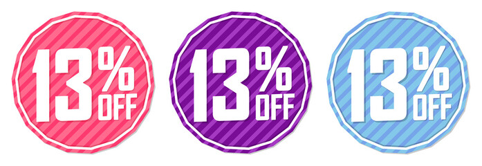 Set Sale 13% off banners, discount tags design template, promo app icons, vector illustration