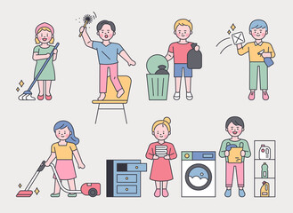 Cute characters doing house cleaning. flat design style minimal vector illustration.
