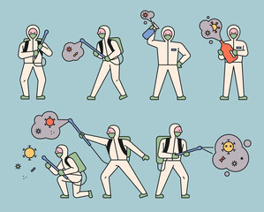 People in quarantine uniforms are disinfecting with various equipment. flat design style minimal vector illustration.