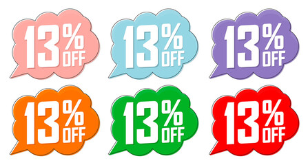 Set Sale 13% off speech bubble banners, discount tags design template, app icons, vector illustration