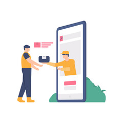concept of shipping goods or shipping services. illustration of a courier appearing from a smartphone to deliver the package to the customer. flat design. can be used for elements, landing pages, UI