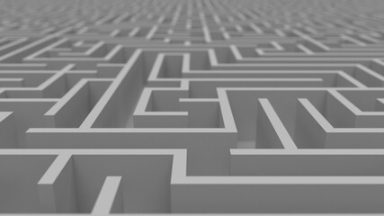 Huge white grey maze. Сhoices and challenge theme. Сomplex way to find exit, business concept or education. Template for background. Labyrinth finding a solution. 3D rendering illustration