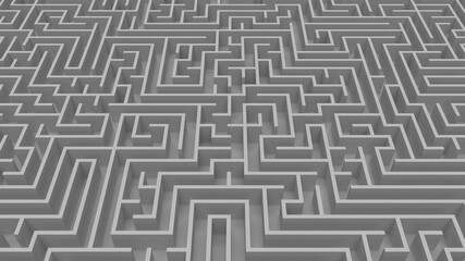 Huge white grey maze. Сhoices and challenge theme. Сomplex way to find exit, business concept or education. Template for background. Labyrinth finding a solution. 3D rendering illustration