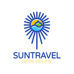 Geolocation pin Travel Location Vacation Point Logo Sunset, mountain and Sea Illustration within simple vector logotype symbol