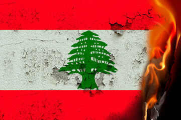national flag of the state of Lebanon on the texture of a rough, old stone wall with cracks, fire, concept of historical, tourism, emigration, economy, politics, global world trade
