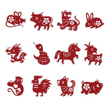 Chinese paper cut zodiac animals, : rat, ox, tiger, rabbit, dragon, snake, horse, goat, monkey, rooster, dog, pig. Vector illustration