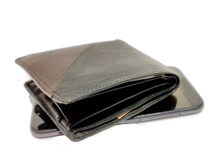 People sending and receiving money wireless with from wallet to mobile phone, remittance. smart phone and purse with cash and coins transfer using banking payment app