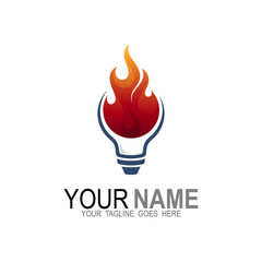 Light bulb logo and combination of fire designs, flame illustration with light bulb symbols