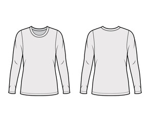 Crew neck jersey sweater technical fashion illustration with long sleeves, oversized body, tunic length. Flat outwear apparel template front back grey color. Women men unisex shirt top CAD mockup