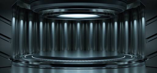Empty light blue studio room futuristic Sci Fi big hall room with lights blue, Future background for design.