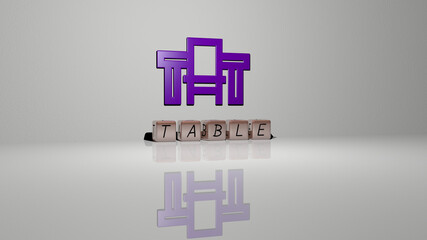3D representation of table with icon on the wall and text arranged by metallic cubic letters on a mirror floor for concept meaning and slideshow presentation. background and wooden