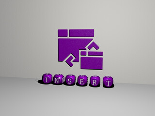3D illustration of INSERT graphics and text made by metallic dice letters for the related meanings of the concept and presentations. background and design