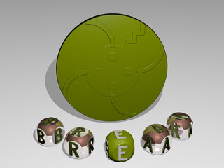 3D representation of BREAK with icon on the wall and text arranged by metallic cubic letters on a mirror floor for concept meaning and slideshow presentation. background and coffee