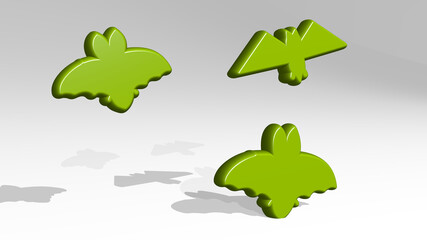 bats stand with shadow. 3D illustration of metallic sculpture over a white background with mild texture. halloween and black