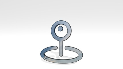 pin location casting shadow with two lights. 3D illustration of metallic sculpture over a white background with mild texture. icon and map